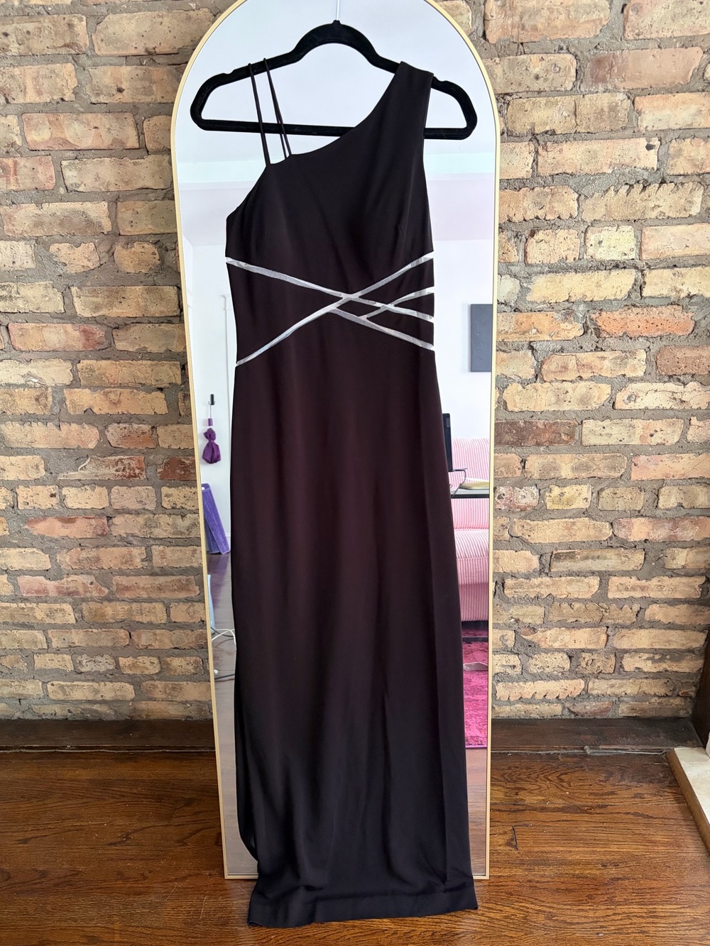 Aidan Mattox Black One Shoulder Gown Mesh cutouts slit